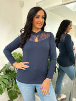 Navy Lace Ribbed Top Francesca